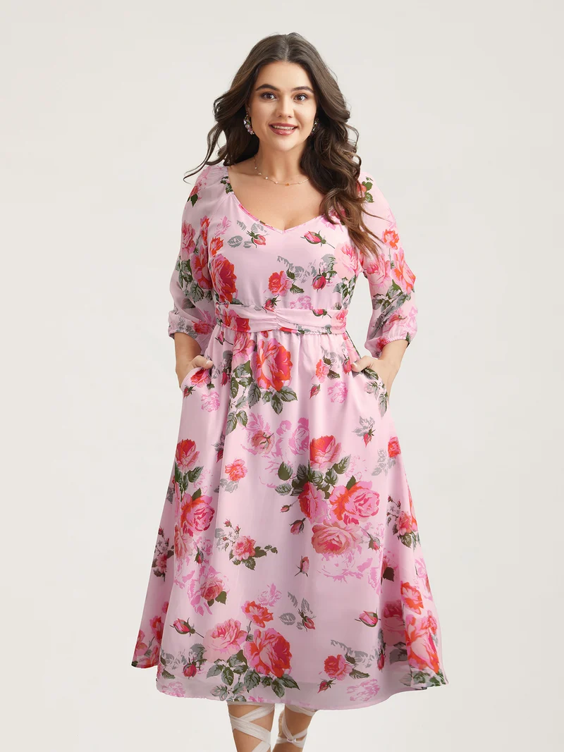 Rosy Print Pockets Pleated Midi Dress