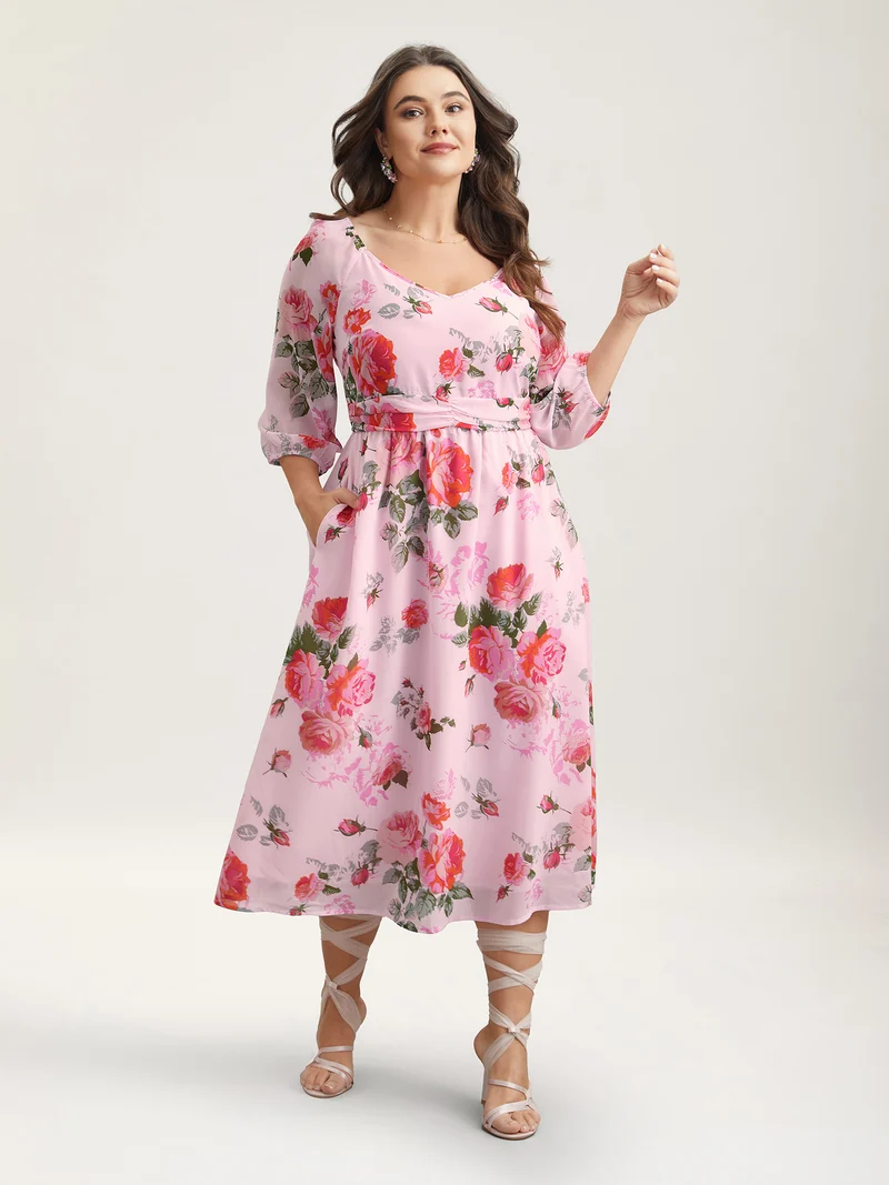 Rosy Print Pockets Pleated Midi Dress
