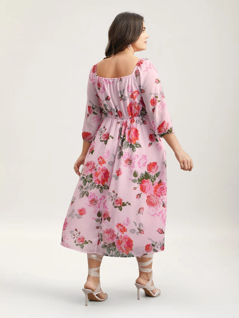 Rosy Print Pockets Pleated Midi Dress