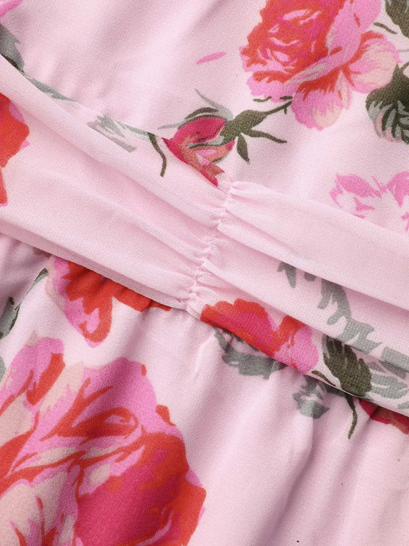 Rosy Print Pockets Pleated Midi Dress