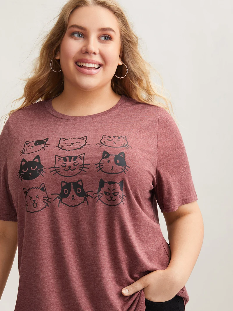 Playful Cats Print Crew Neck T-Shirt