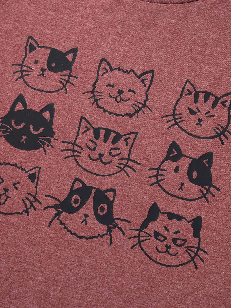 Playful Cats Print Crew Neck T-Shirt