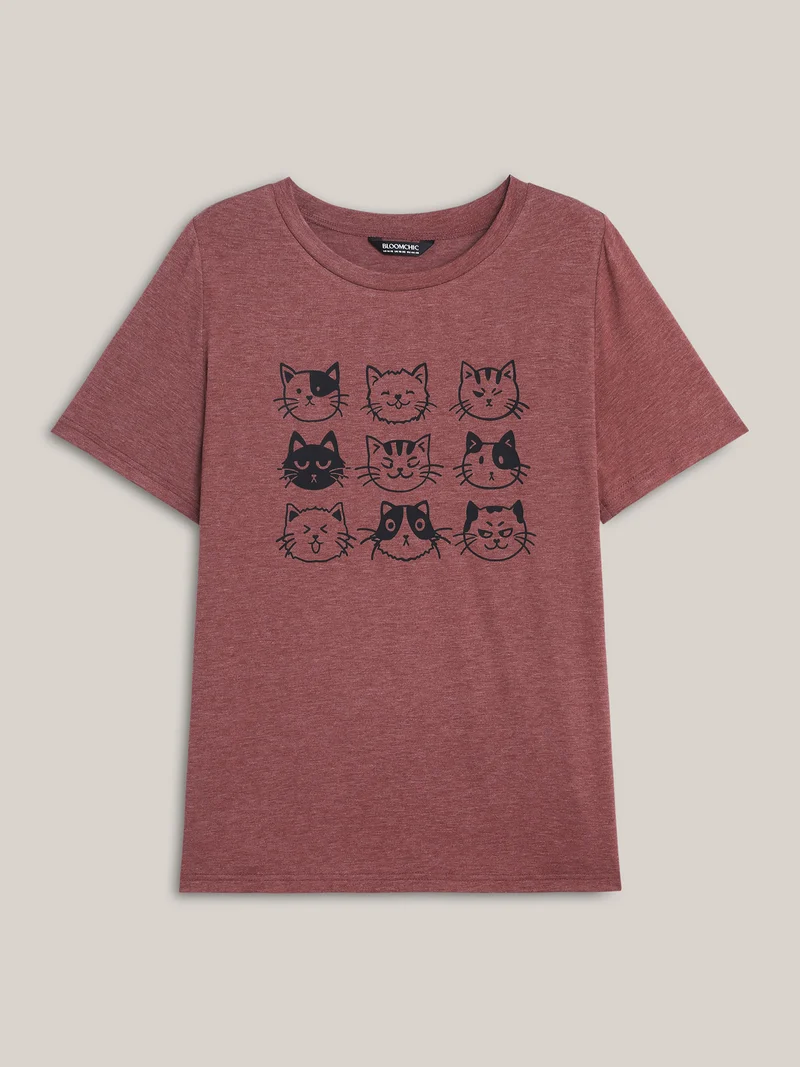 Playful Cats Print Crew Neck T-Shirt