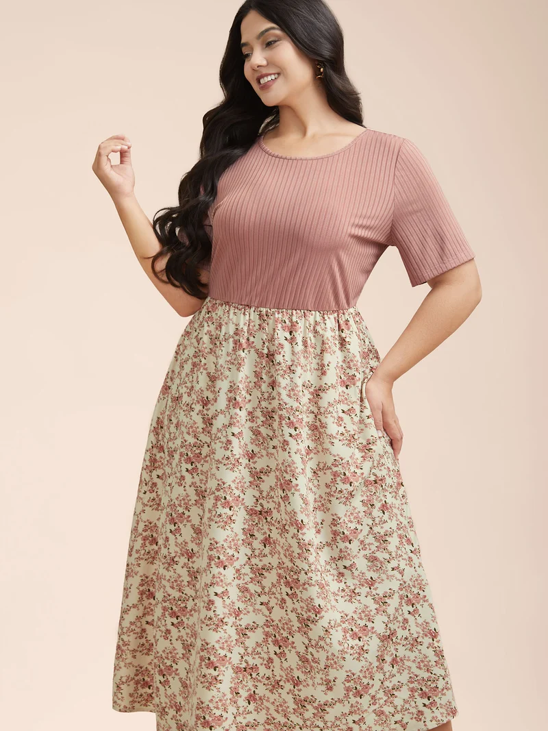 Floral Color Contrast Ribbed Pockets Maxi Dress