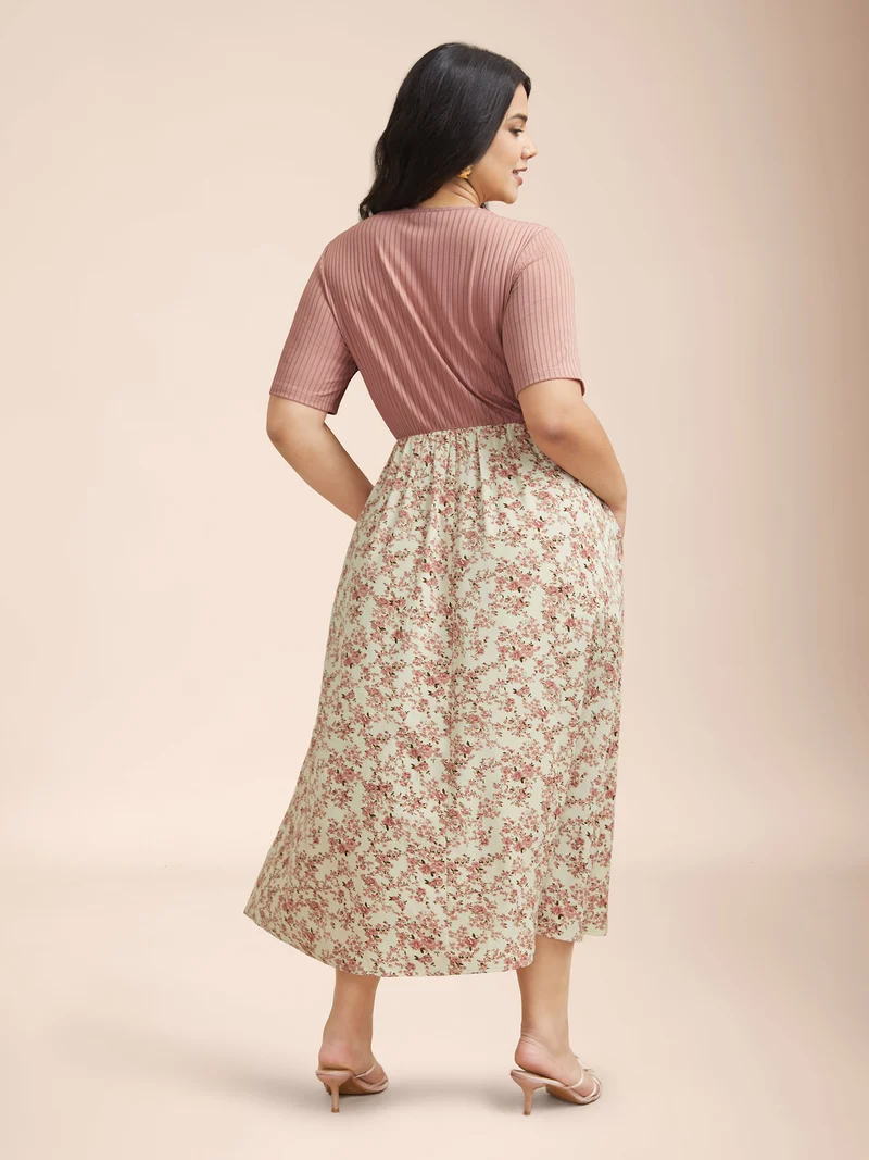 Floral Color Contrast Ribbed Pockets Maxi Dress