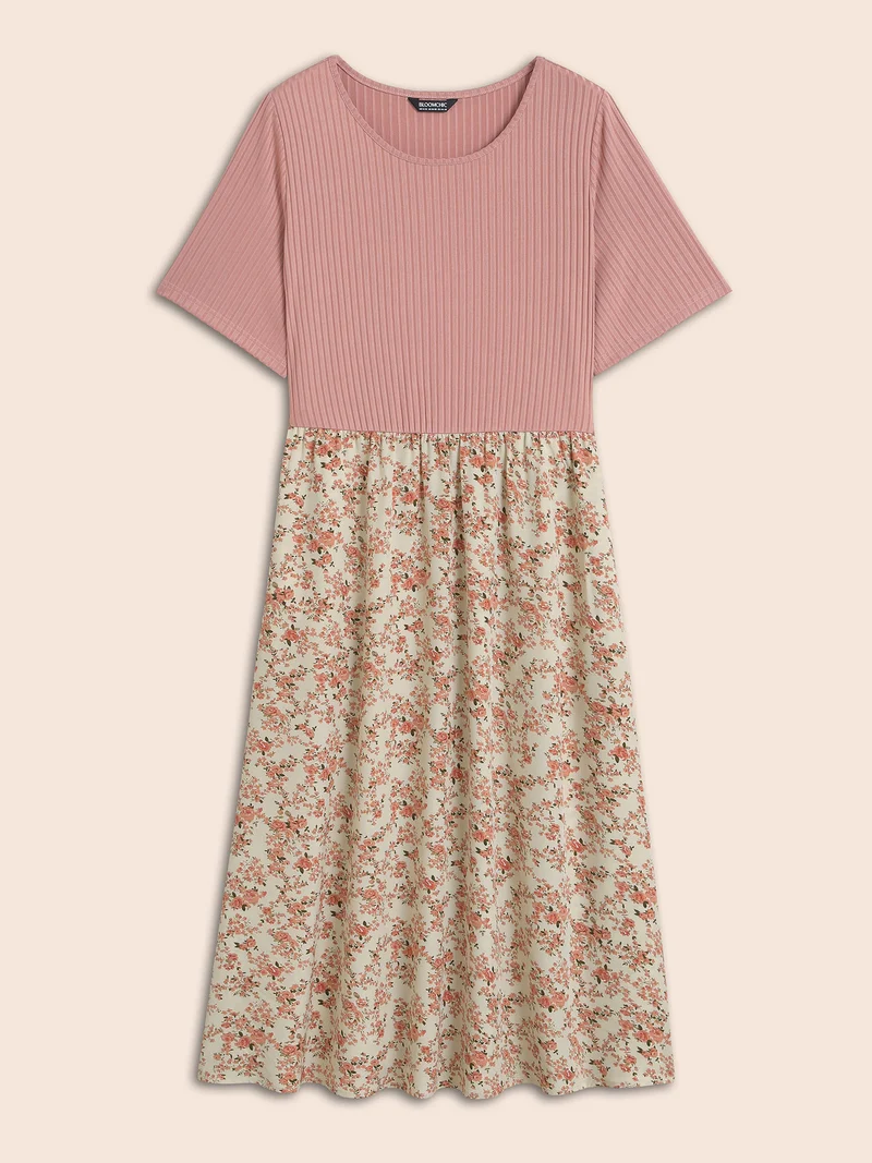 Floral Color Contrast Ribbed Pockets Maxi Dress