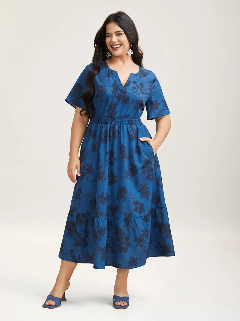Silhouette Flower Shirred Pockets Midi Dress