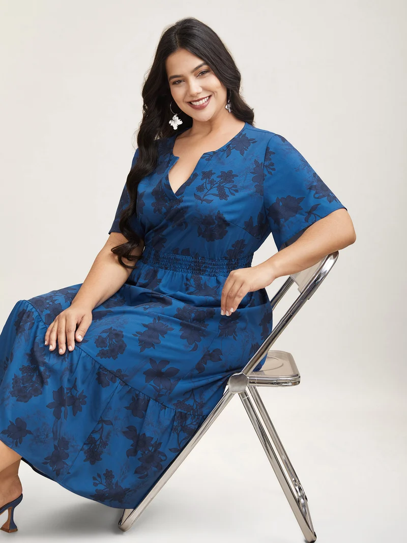 Silhouette Flower Shirred Pockets Midi Dress