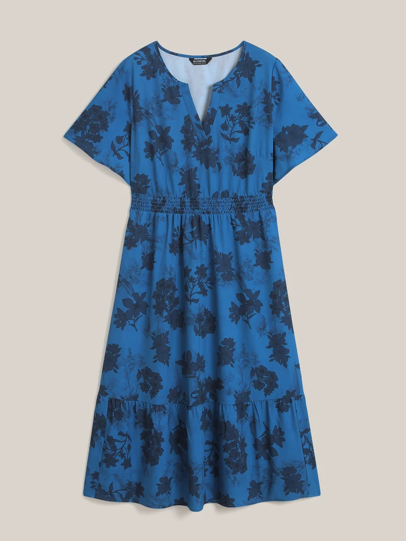 Silhouette Flower Shirred Pockets Midi Dress