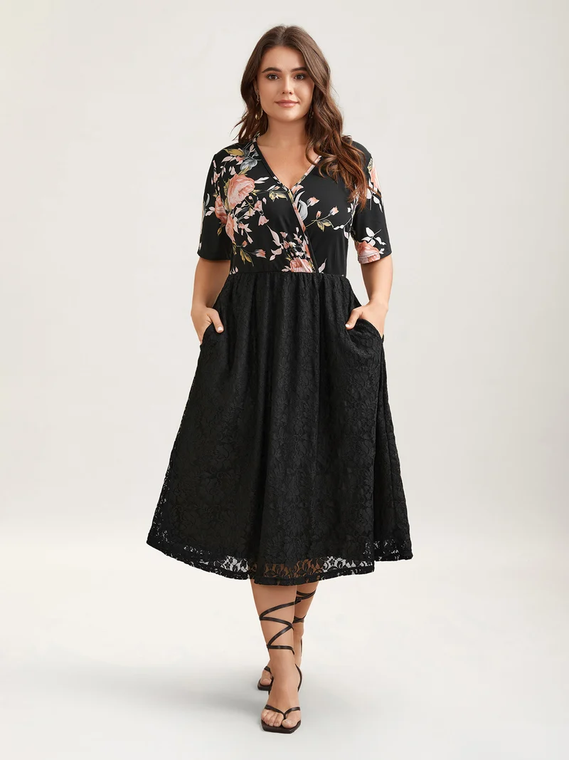 Floral Panel Surplice Pockets Midi Dress