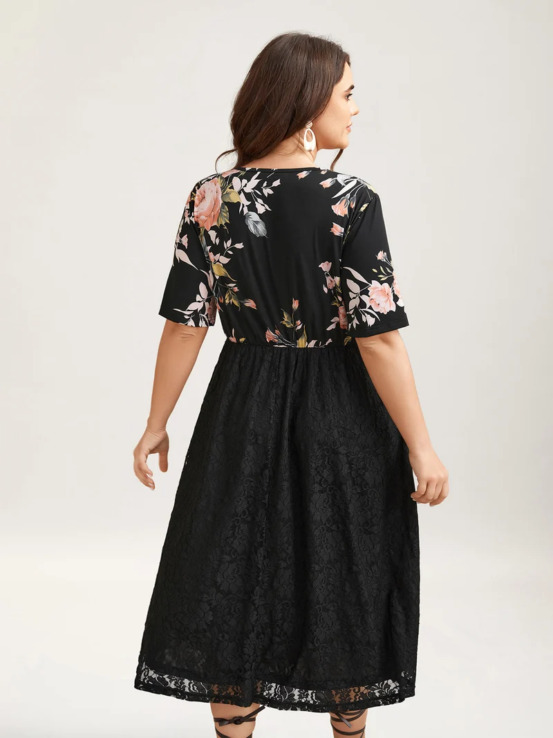 Floral Panel Surplice Pockets Midi Dress
