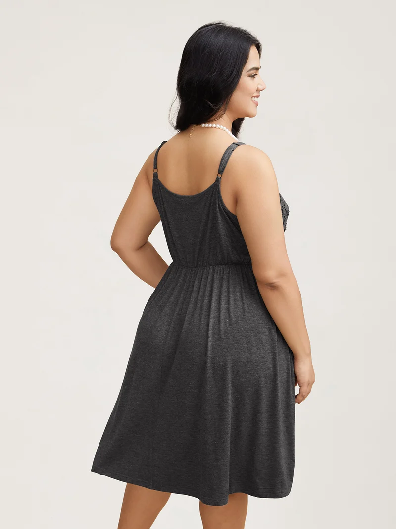 Lace Waist-Cinched Pockets Midi Dress