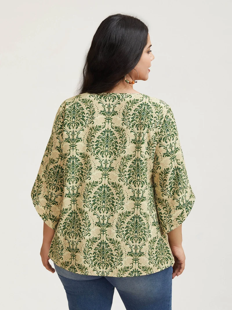 Damask Print Flared Sleeve V-Neck Shirt
