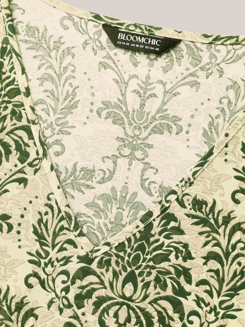 Damask Print Flared Sleeve V-Neck Shirt