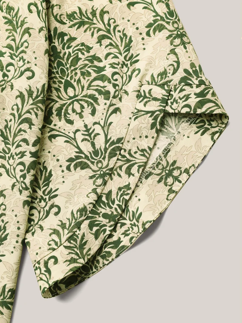 Damask Print Flared Sleeve V-Neck Shirt