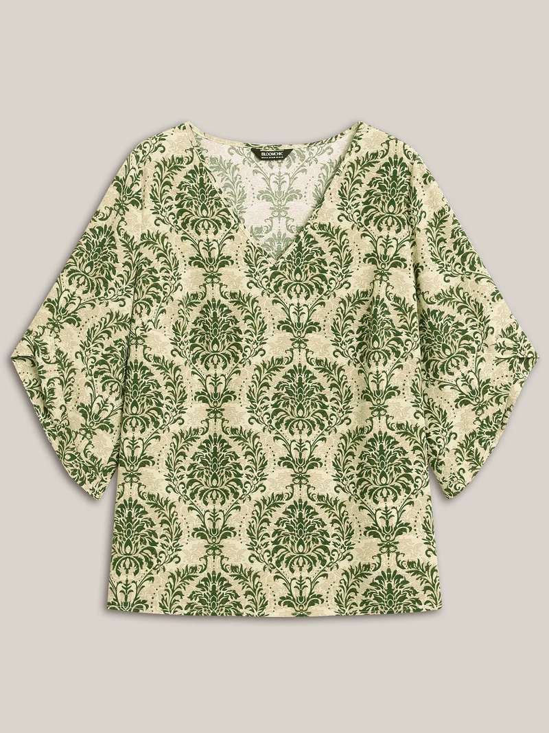 Damask Print Flared Sleeve V-Neck Shirt