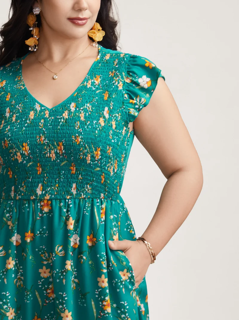 Shirred Printed Flutter Sleeve Pockets Maxi Dress