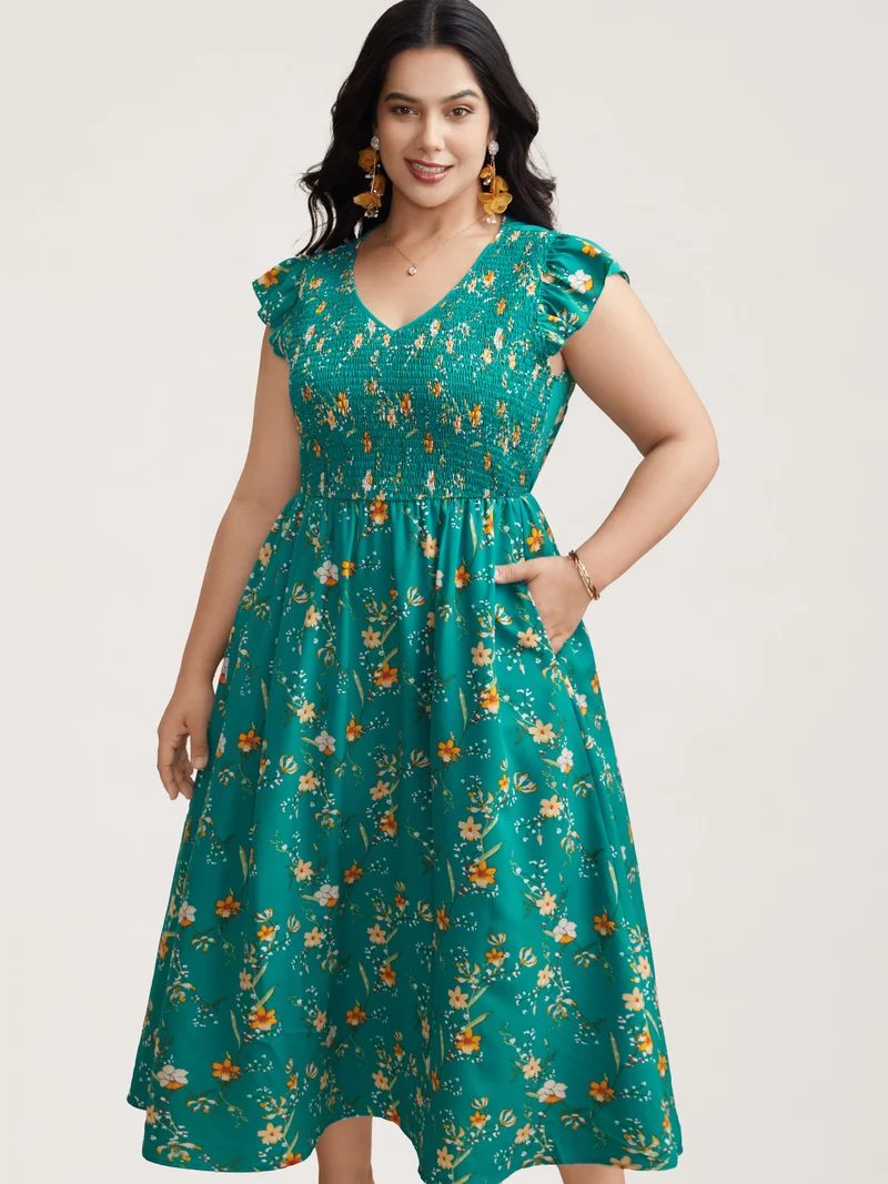Shirred Printed Flutter Sleeve Pockets Maxi Dress