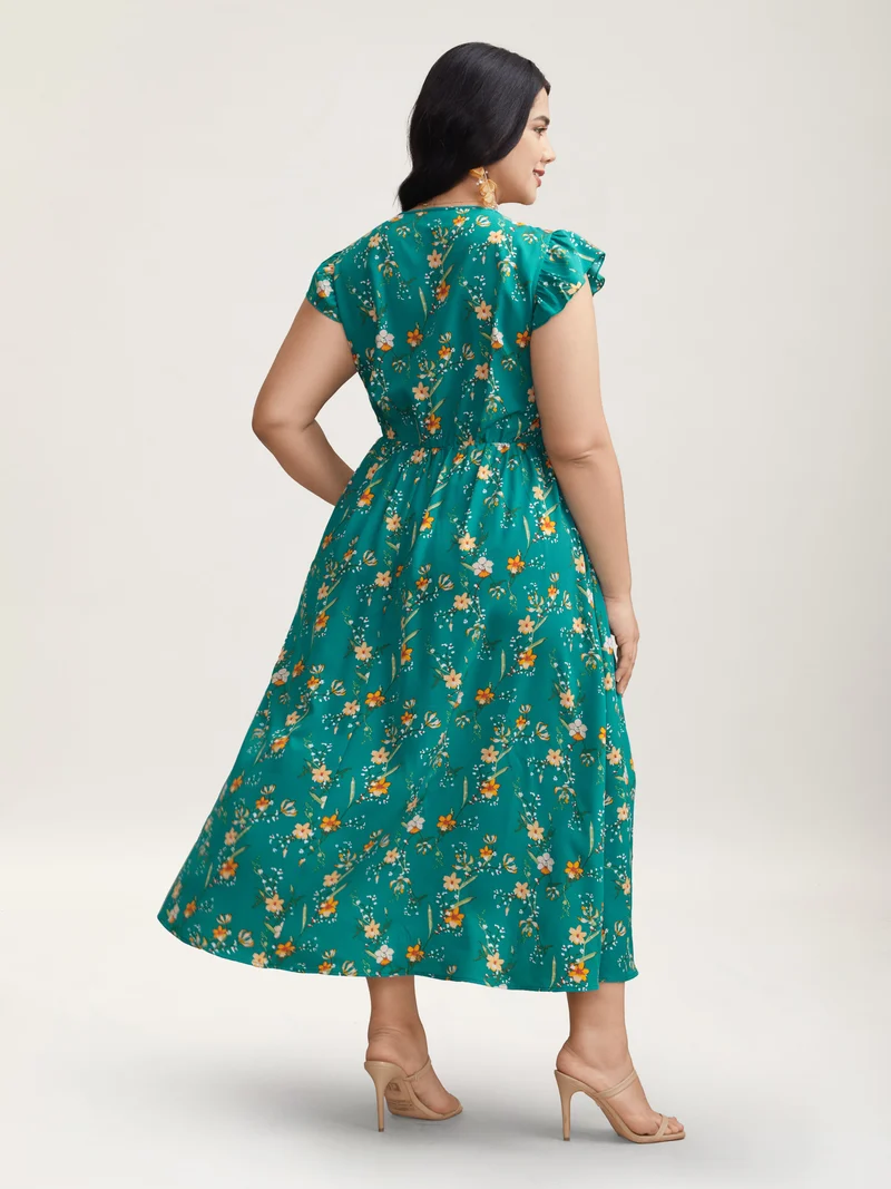 Shirred Printed Flutter Sleeve Pockets Maxi Dress