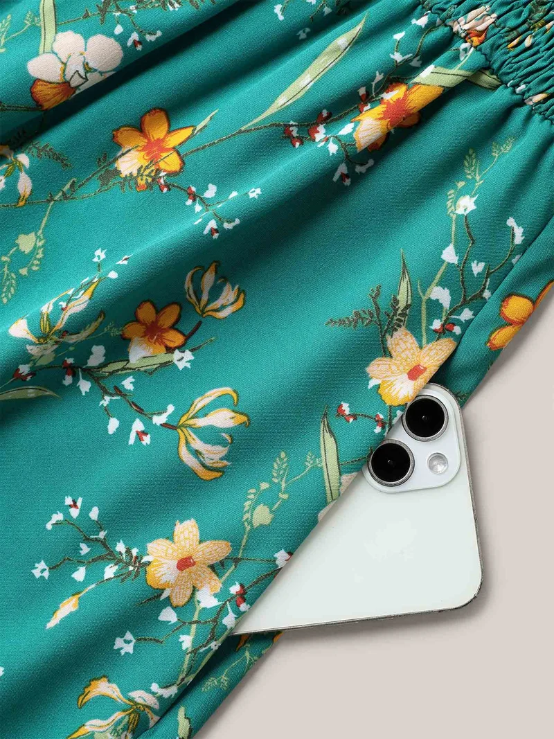 Shirred Printed Flutter Sleeve Pockets Maxi Dress