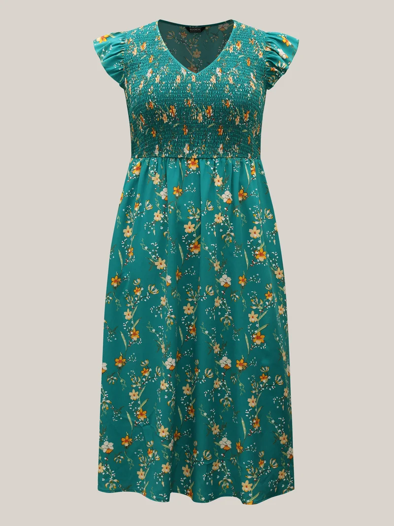 Shirred Printed Flutter Sleeve Pockets Maxi Dress