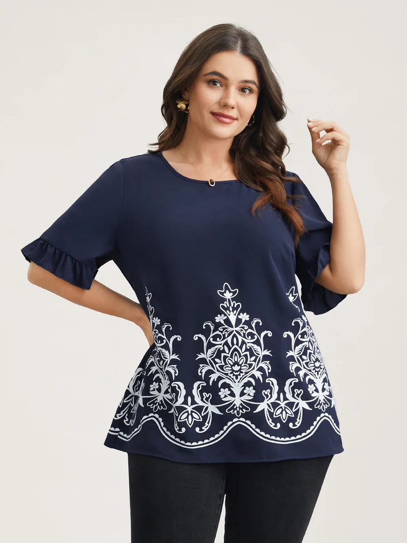 Floral Print Round Neck Ruffled Sleeve Shirt
