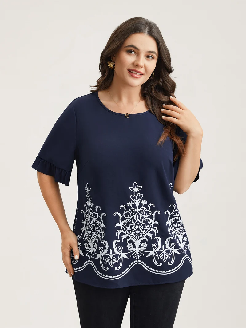 Floral Print Round Neck Ruffled Sleeve Shirt