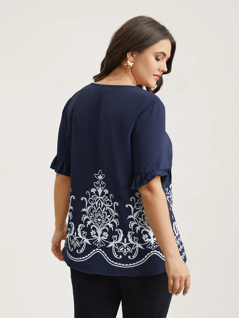 Floral Print Round Neck Ruffled Sleeve Shirt