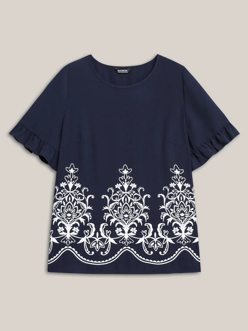 Floral Print Round Neck Ruffled Sleeve Shirt