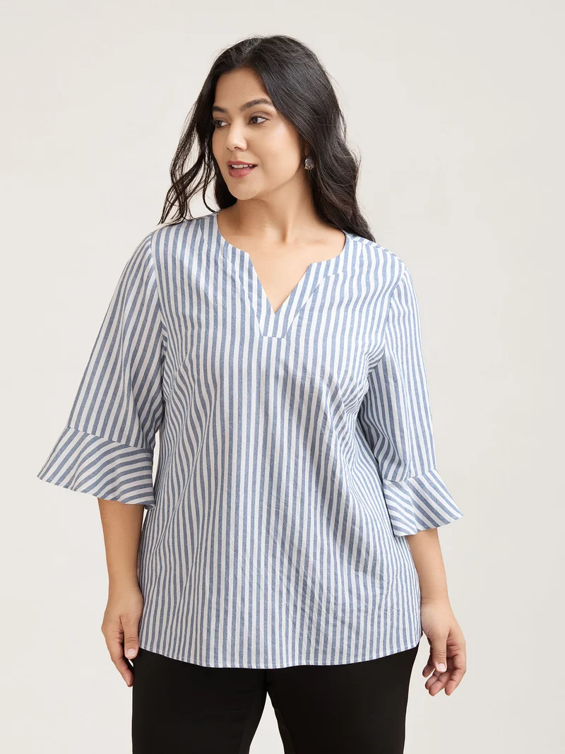 Striped Split Neck Flared Sleeve Shirt