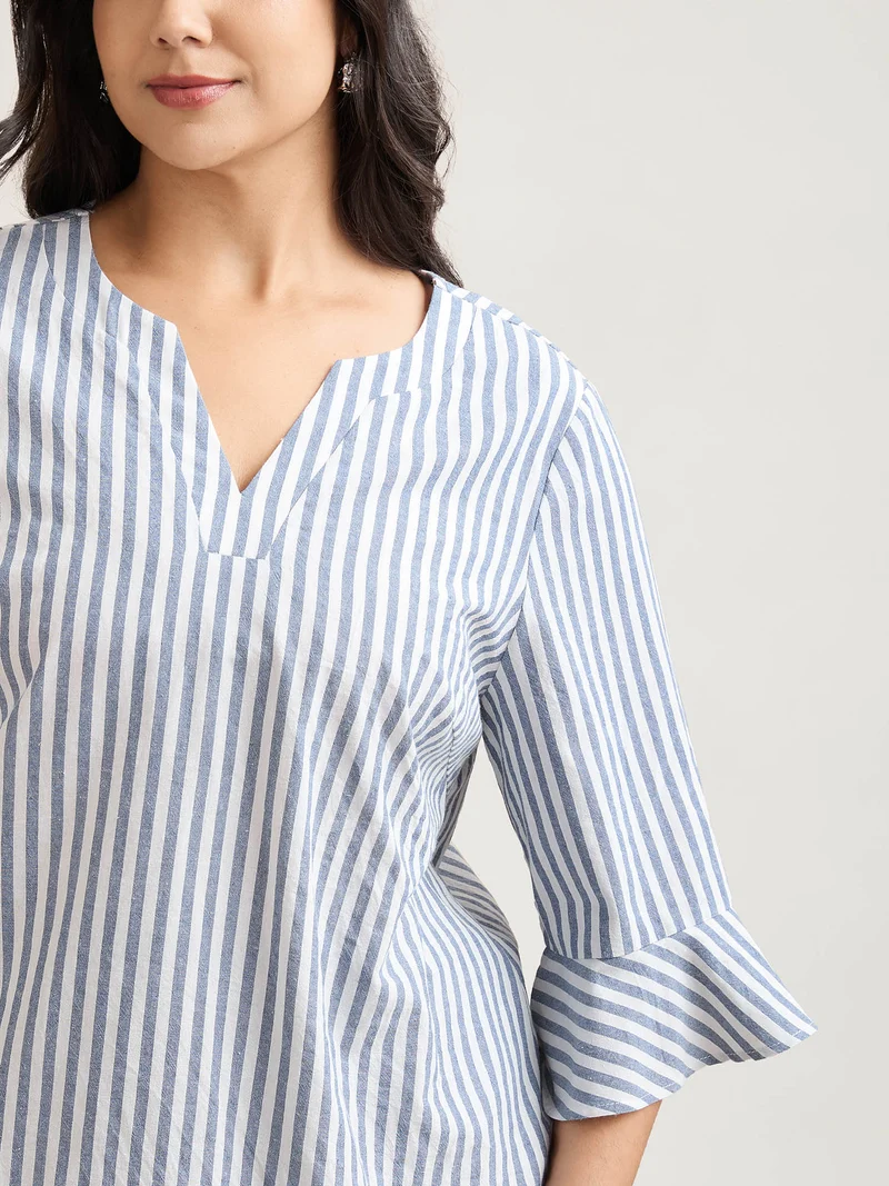 Striped Split Neck Flared Sleeve Shirt