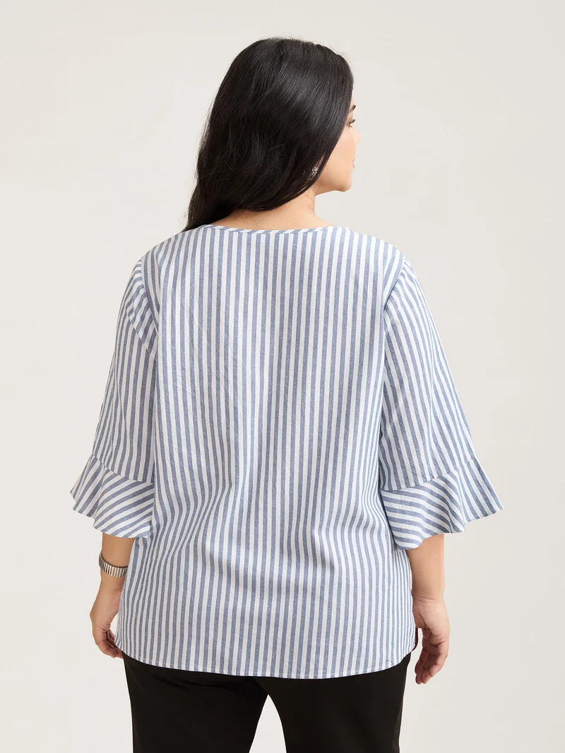 Striped Split Neck Flared Sleeve Shirt
