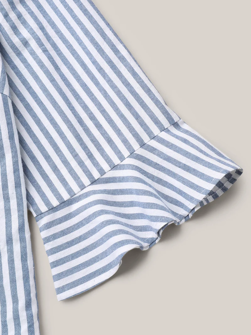 Striped Split Neck Flared Sleeve Shirt