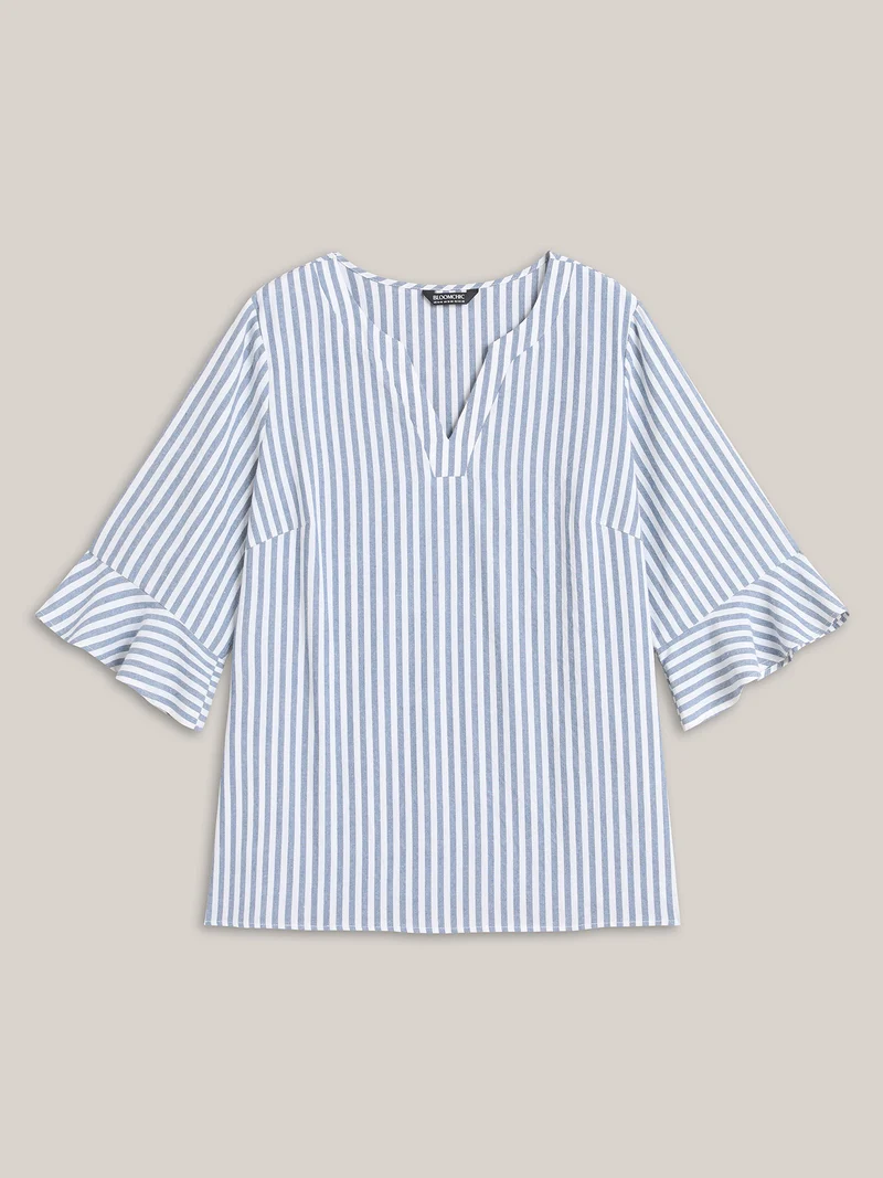 Striped Split Neck Flared Sleeve Shirt