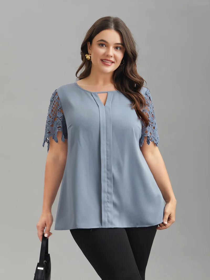 Lace Sleeve Neck Cut-Out Flared Shirt