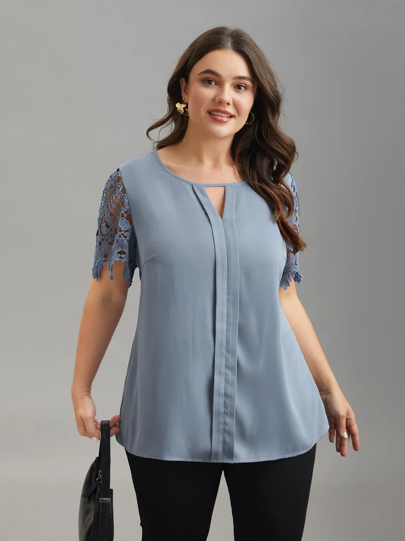 Lace Sleeve Neck Cut-Out Flared Shirt