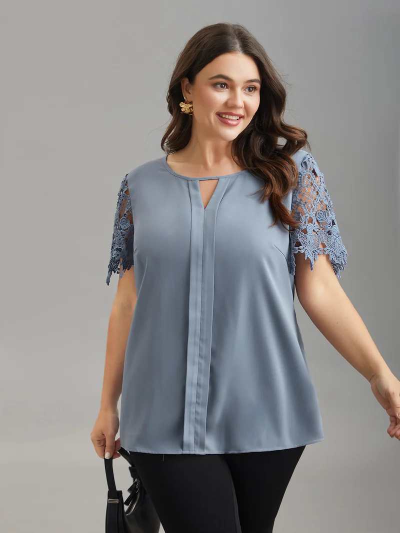 Lace Sleeve Neck Cut-Out Flared Shirt