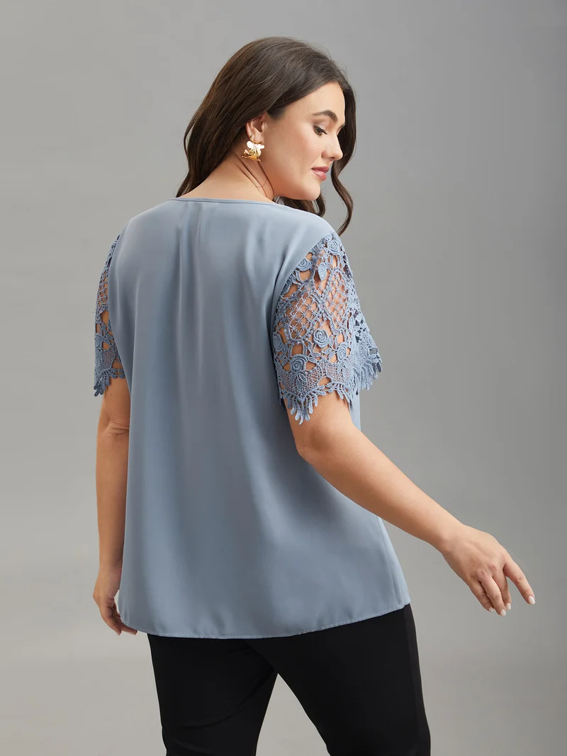 Lace Sleeve Neck Cut-Out Flared Shirt