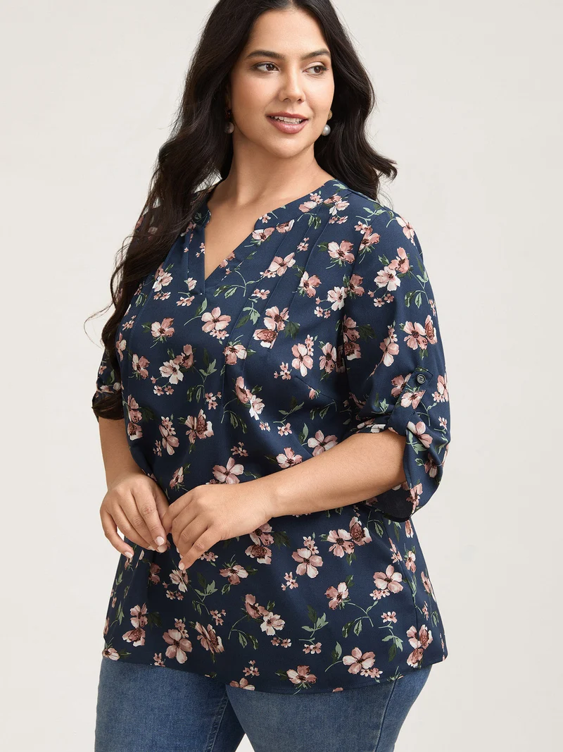 Floral Print Tab Sleeve Pintuck Shirt