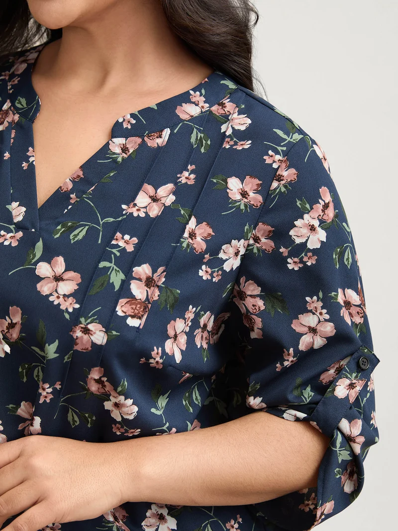 Floral Print Tab Sleeve Pintuck Shirt