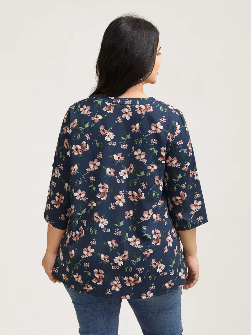 Floral Print Tab Sleeve Pintuck Shirt