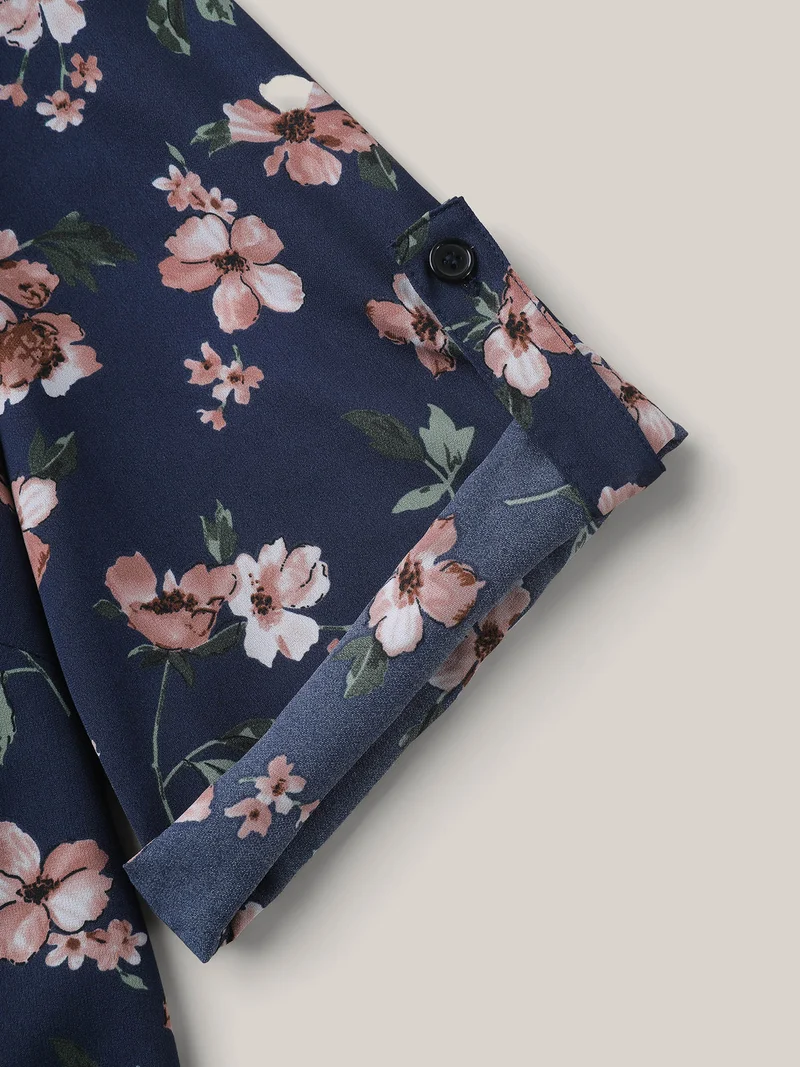 Floral Print Tab Sleeve Pintuck Shirt