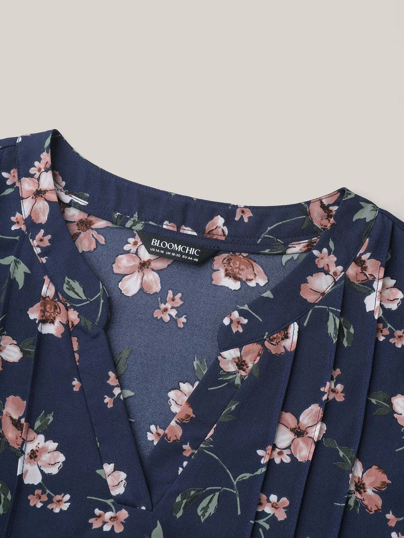 Floral Print Tab Sleeve Pintuck Shirt