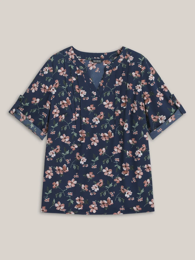 Floral Print Tab Sleeve Pintuck Shirt