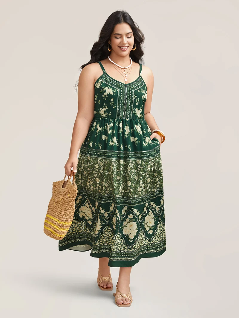 Floral Print Off Sleeve Pockets Midi Dress