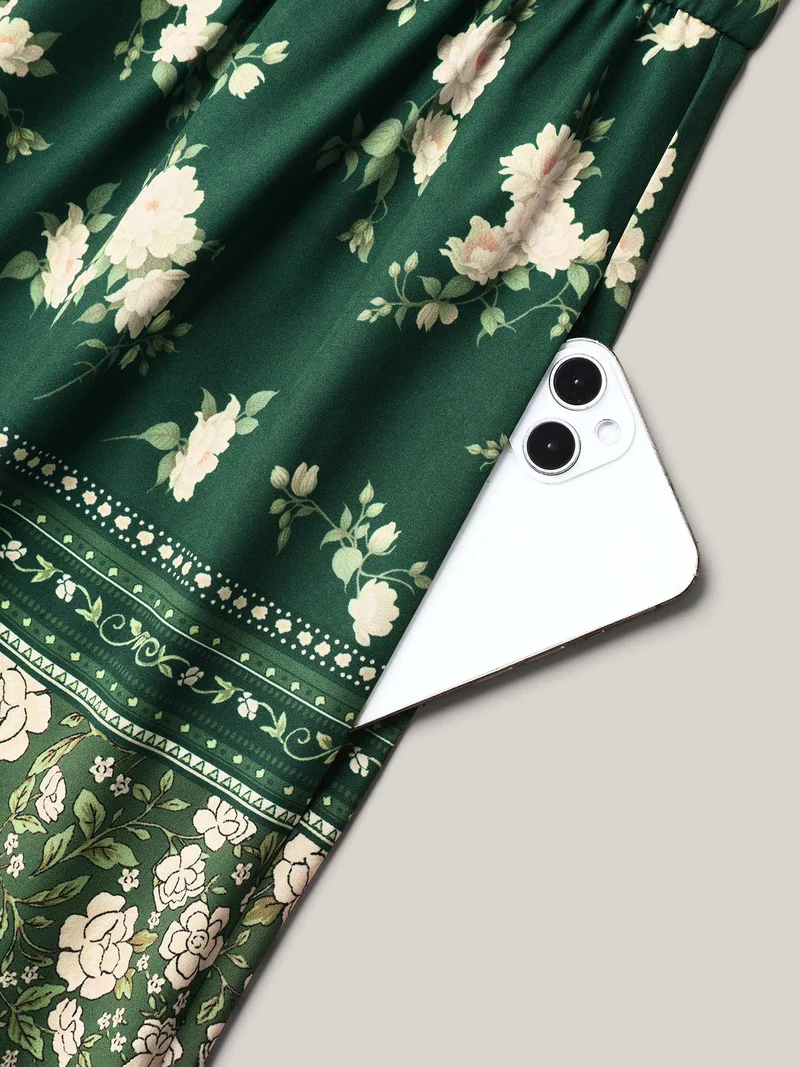 Floral Print Off Sleeve Pockets Midi Dress