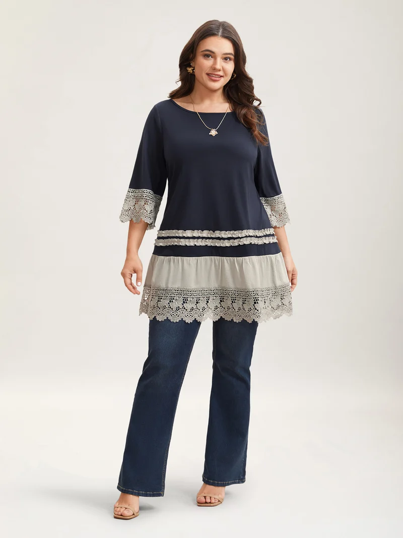 Lace Panel Color Contrast Tunic T-Shirt