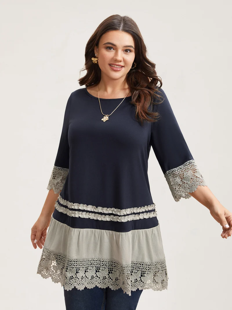 Lace Panel Color Contrast Tunic T-Shirt