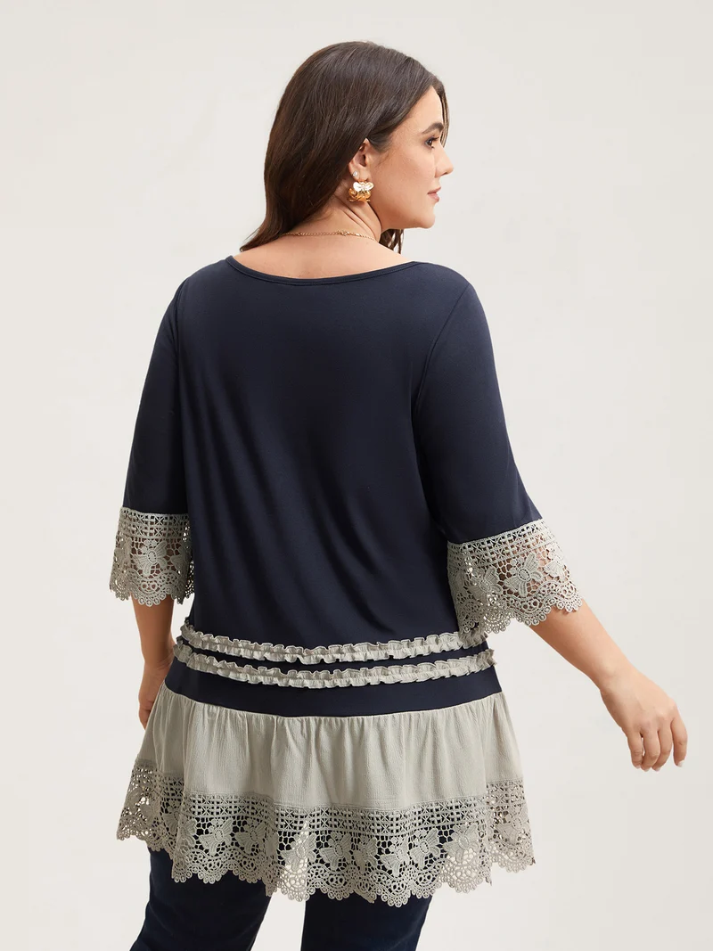 Lace Panel Color Contrast Tunic T-Shirt