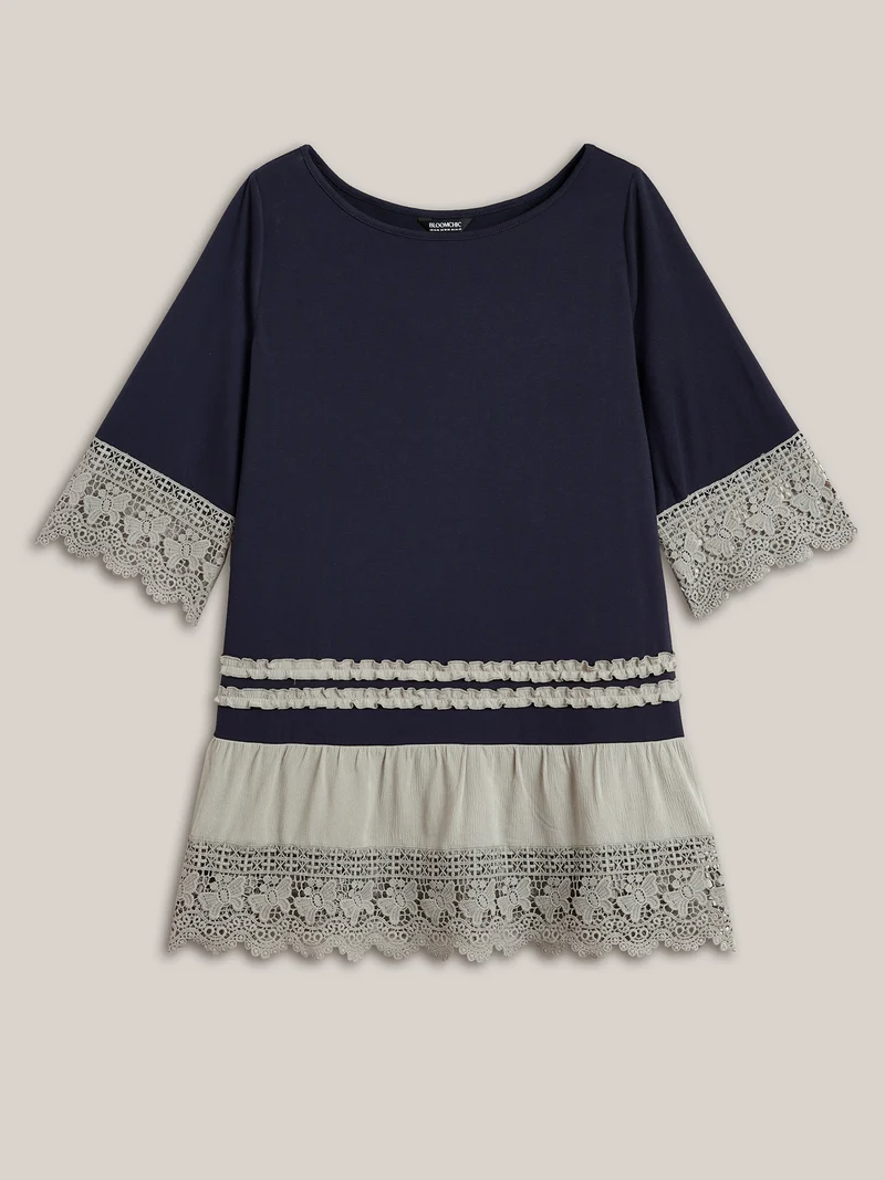 Lace Panel Color Contrast Tunic T-Shirt